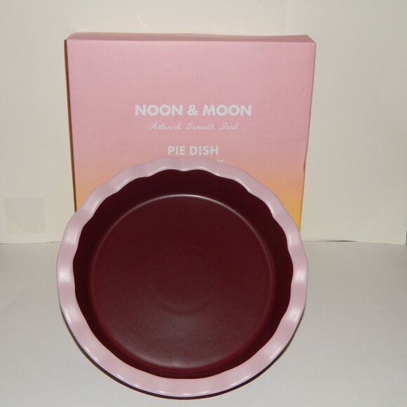 NIB Noon & Moon Ceramic Pie Dish, Cherry and Taupe Lacquer Trim- 9 Inch - Picture 2 of 5